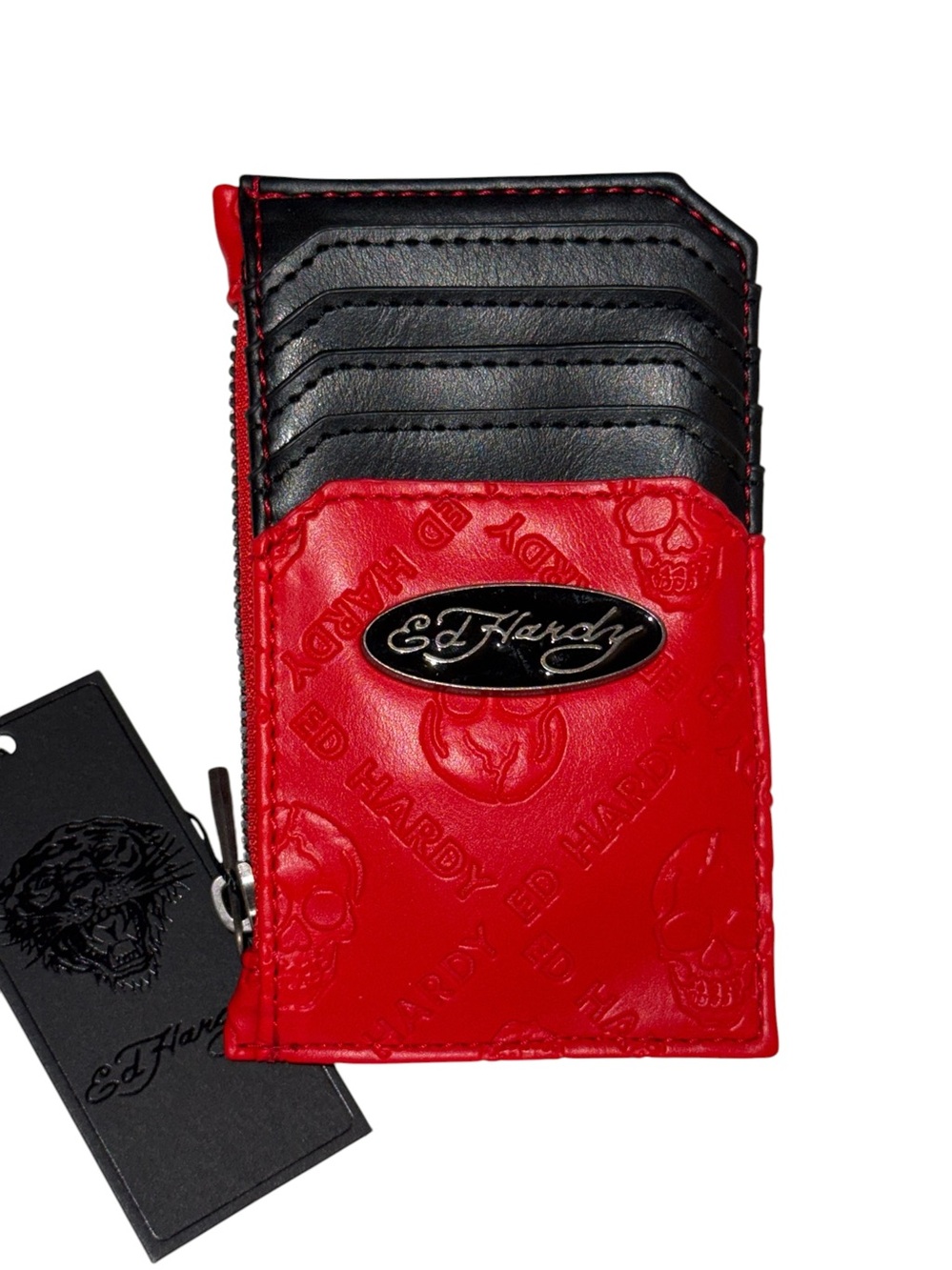 Ed Hardy Red and Black Embossed Vegan Leather Card Case with Zip Pocket